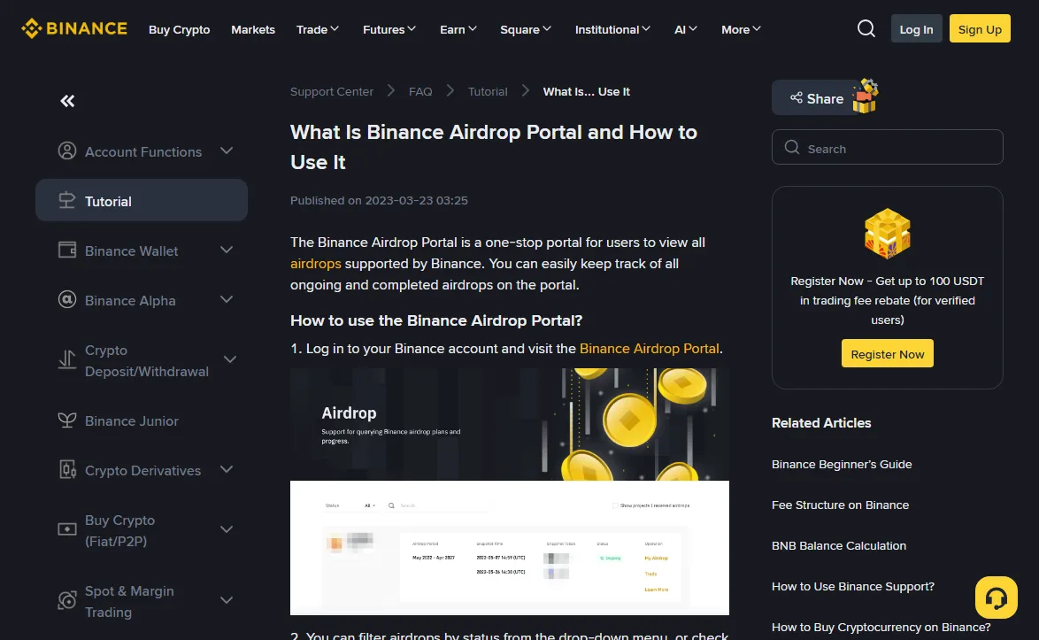 Binance Support article What Is Binance Airdrop Portal and How to Use It, English version, published 2023-03-23, with step one telling users to log in and visit the Airdrop Portal and an example of the portal list showing a status filter and a Show projects I received airdrops checkbox