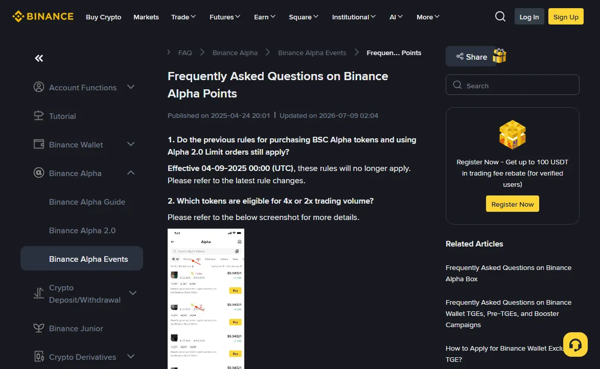 Top of the English Binance support page Frequently Asked Questions on Binance Alpha Points, showing Published on 2025-04-24 and Updated on 2026-07-09, a first question saying the earlier BSC Alpha token and Alpha 2.0 limit order rules stopped applying on 04-09-2025, and a Related Articles list that includes Frequently Asked Questions on Binance Wallet TGEs, Pre-TGEs, and Booster Campaigns