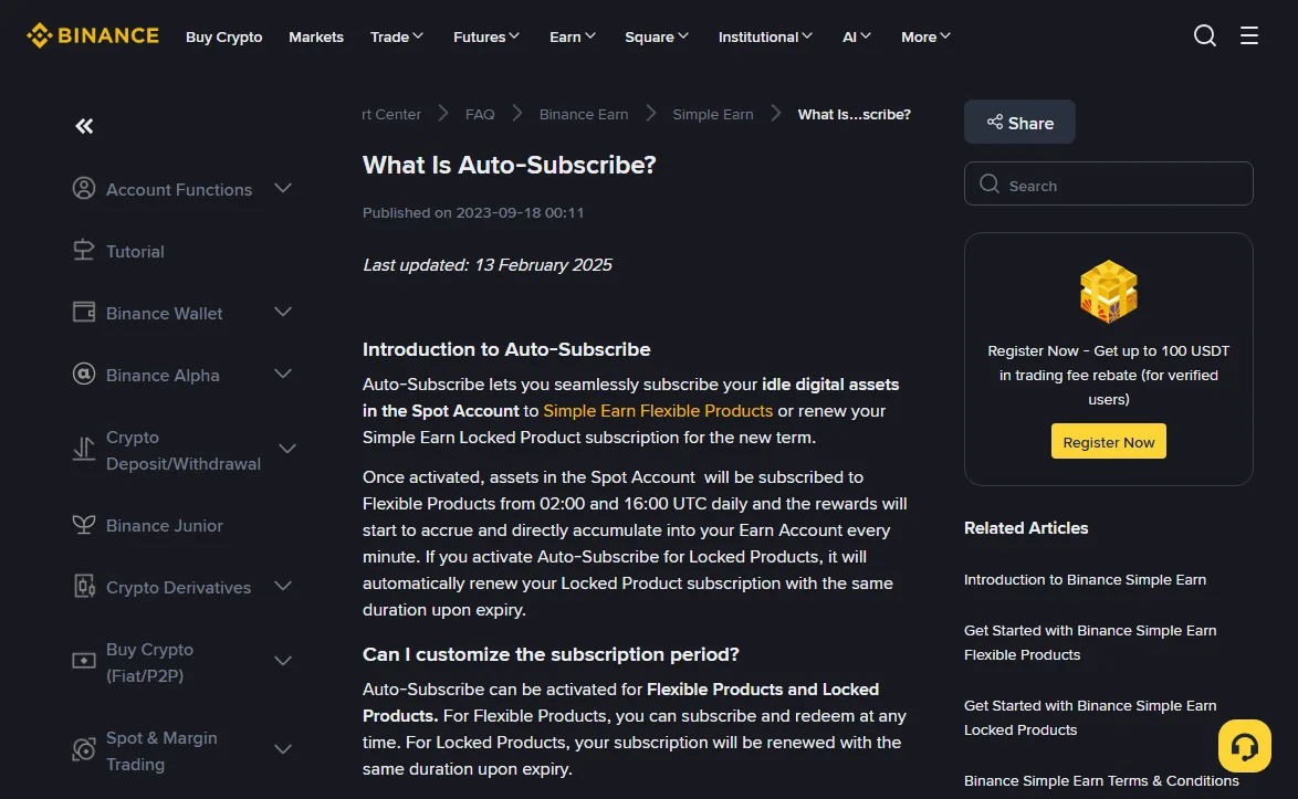 Binance Support Center page Introduction to Auto-Subscribe in English, stating that once activated, assets in the Spot Account will be subscribed to Flexible Products from 02:00 and 16:00 UTC daily, with a last updated date of 13 February 2025
