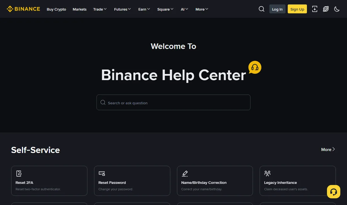 Binance Help Centre home page, with Reset 2FA as the first card in the Self-Service row