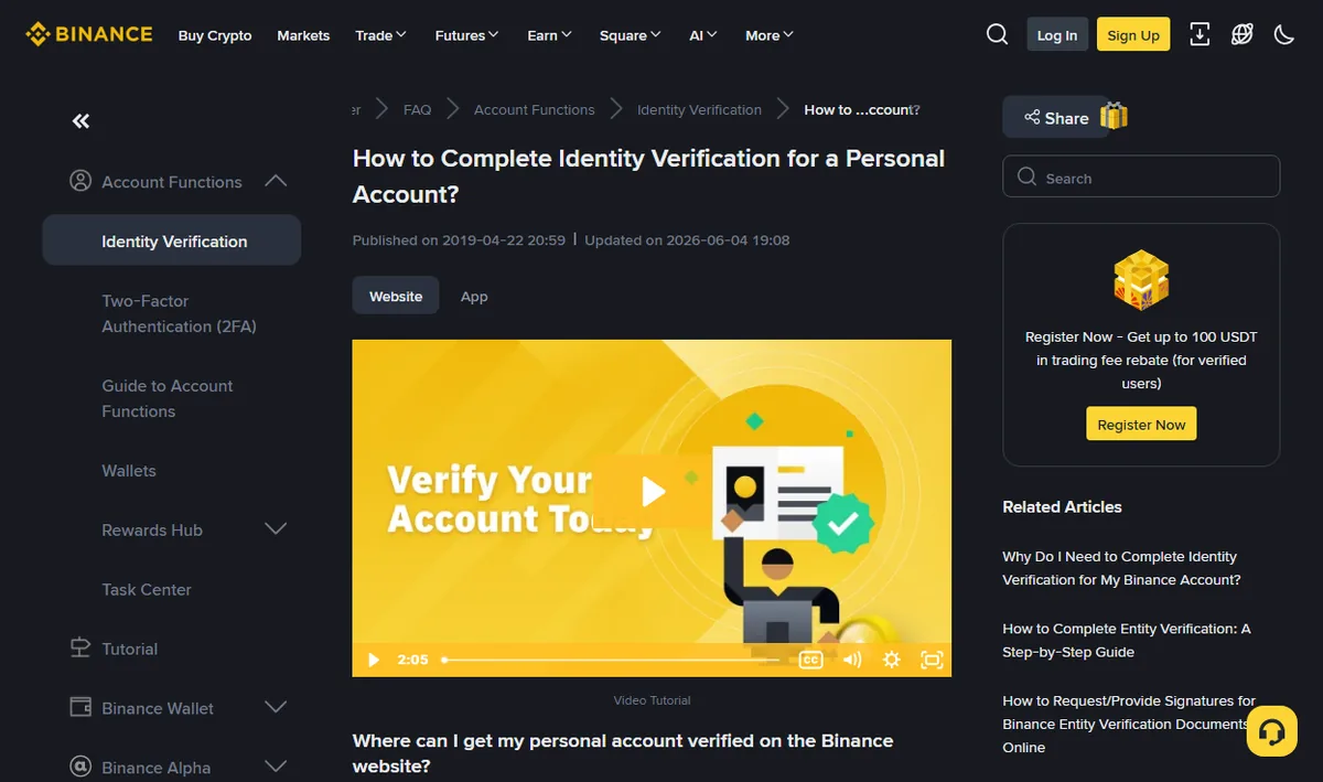 Binance Help Centre article on completing personal account identity verification, with Website and App tabs above the body
