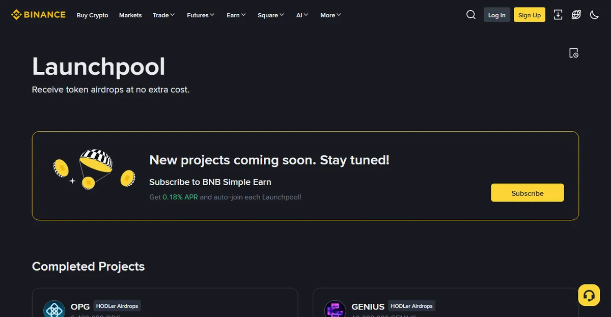 币安 Launchpool 页面，显示订阅 BNB 理财自动参与的提示和已结束项目列表