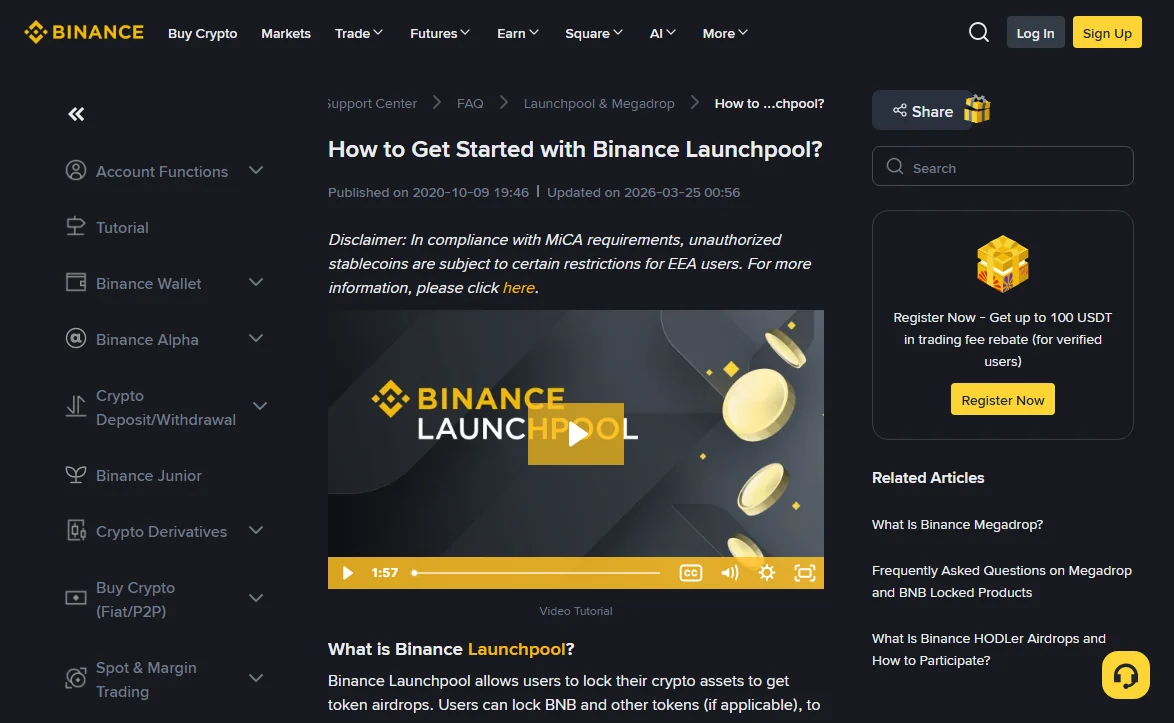 Top of the Binance help page titled How to Get Started with Binance Launchpool, showing it was published 2020-10-09 and last updated 2026-03-25