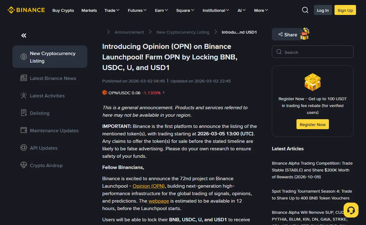 Binance announcement page for Launchpool round 72, titled Farm OPN by Locking BNB, USDC, U, and USD1