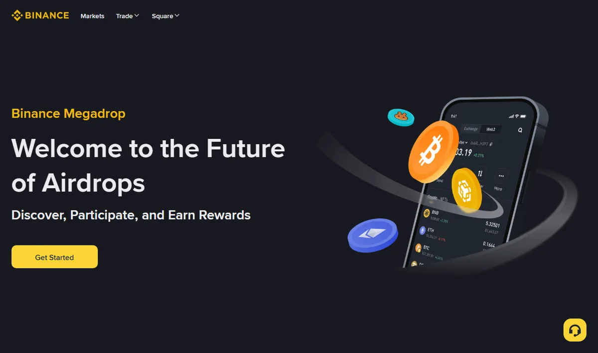 Binance Megadrop entry page in English showing only a welcome headline and a Get Started button, with no project cards