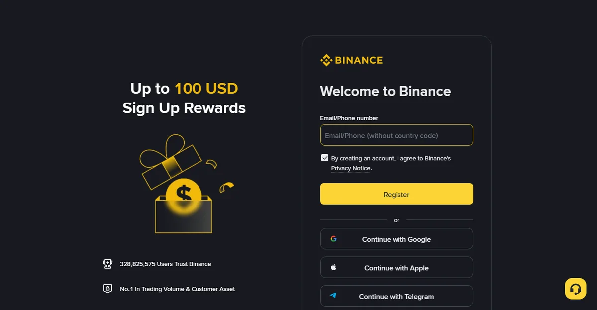 The first screen of the Binance sign-up page in English, showing an email or phone field, a privacy checkbox, a Register button and three third-party sign-in buttons