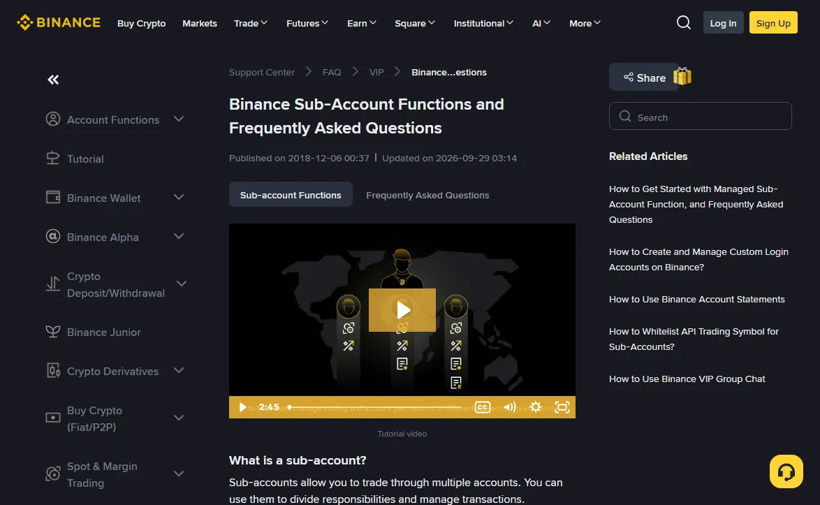 Top of the Binance Support Center page Binance Sub-Account Functions and Frequently Asked Questions in English, showing Published on 2018-12-06 and Updated on 2026-09-29 above the What is a sub-account? section