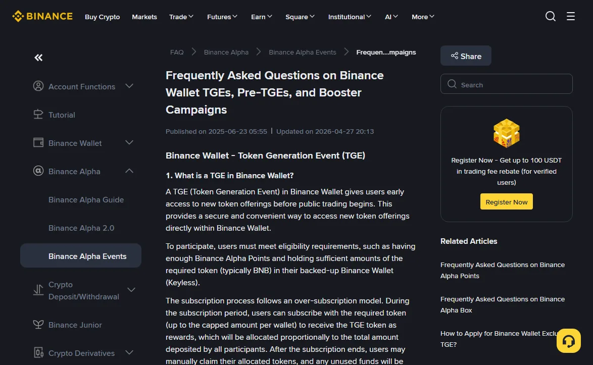 Binance help centre page Frequently Asked Questions on Binance Wallet TGEs, Pre-TGEs, and Booster Campaigns, showing Published on 2025-06-23 and Updated on 2026-04-27, with question 1 What is a TGE in Binance Wallet open and its paragraph about the over-subscription model visible